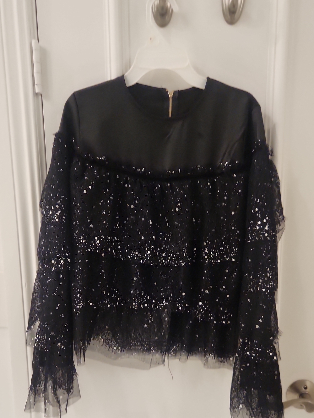 Bloomingdale's Black Sparkle Tiered Lace Blouse